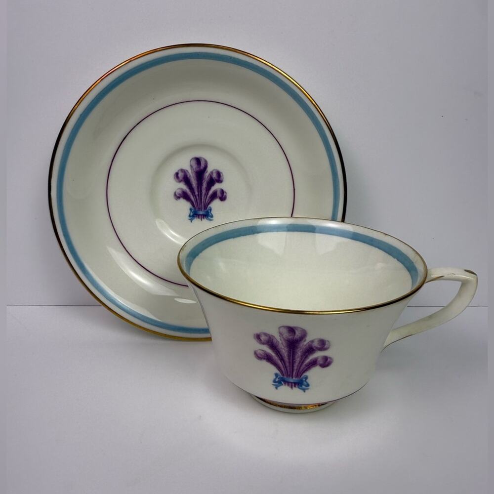 Royal Worcester “Florizel” Bone China Teacup & Saucer Set Purple Plume Gold Trim
